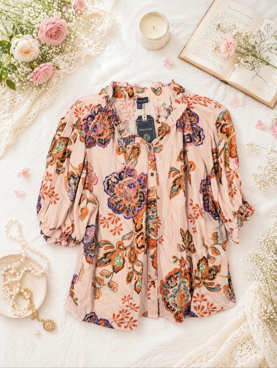 Democracy Tops - Democracy NWT Blush Floral Embroidered Peasant Blouse 1/2 Sleeve. Ladies PXL